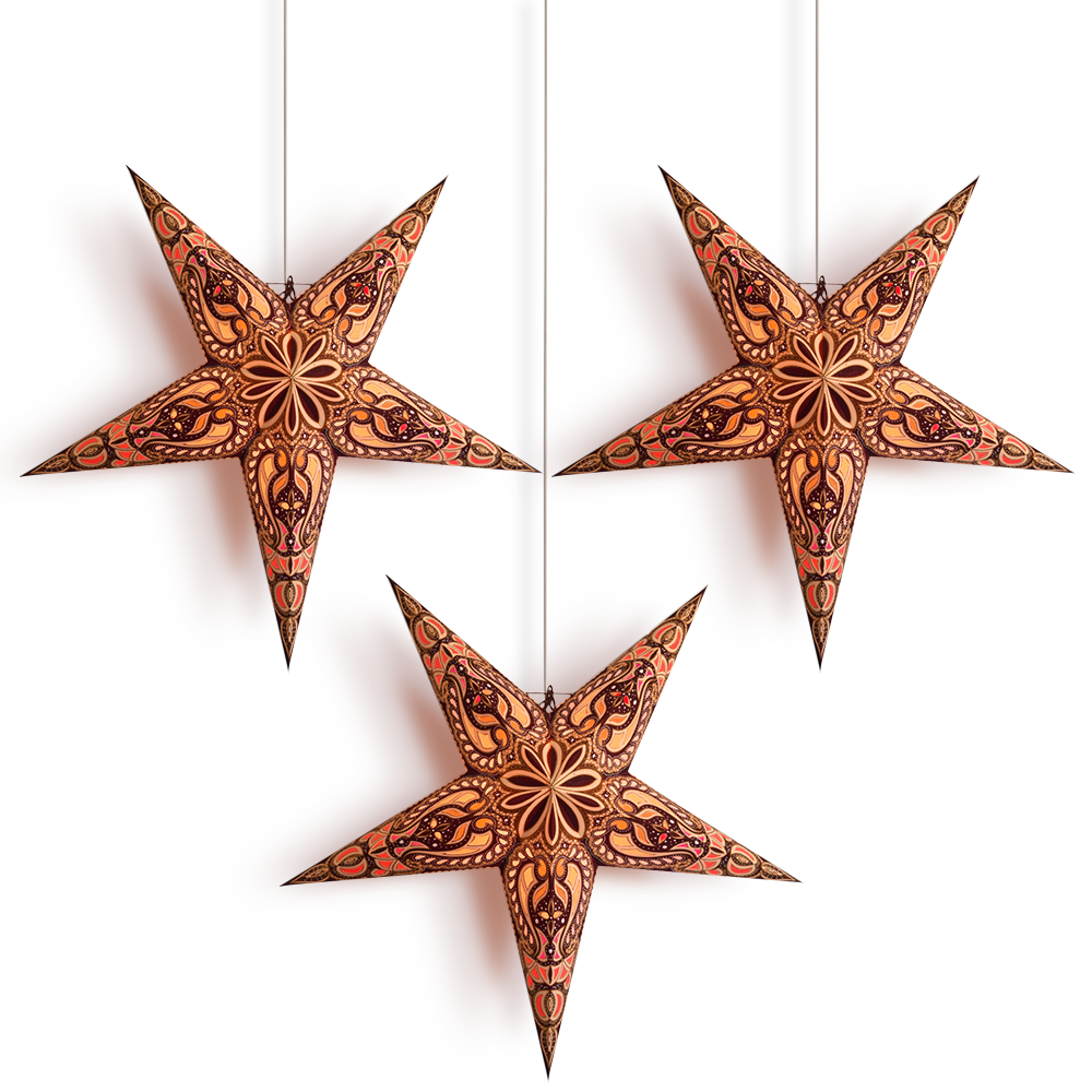 3 Pack 24 Inch Brown Alaskan Glitter Paper Star Lantern with LED Bulbs & Lamp Cord - Decorative Hanging Light for Christmas, Party, Wedding & Home Decor