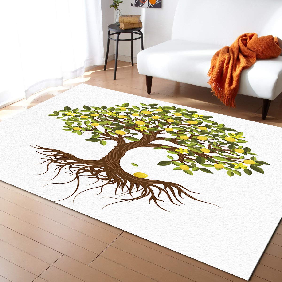 4'x7' White Area Runner Rug - Washable Indoor/Outdoor Carpet with Yellow Lemon Watercolor Print for Kitchen, Living Room, Bathroom, Bedroom, Classroom & Laundry Room | Non-Slip Welcome Doormat & Desk Mat for Home & Office Decor
