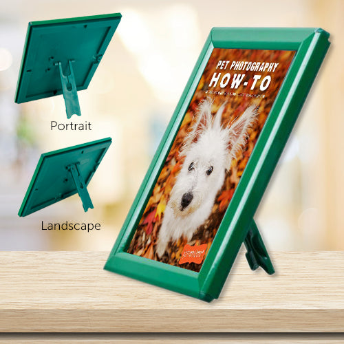5x7 AD Promo Countertop Sign Frame - Green Snap Frame with Built-in Easel & Wall Mount Options for Retail, Restaurants & Trade Shows