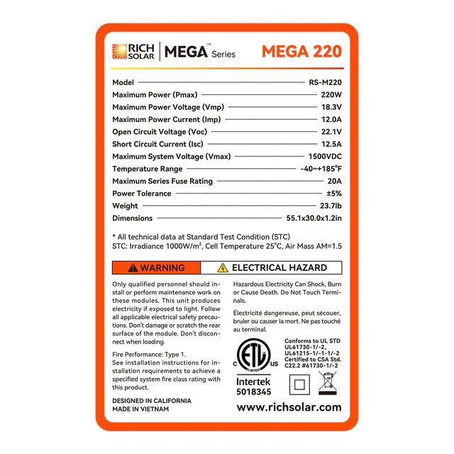 Rich Solar Mega 220W 12V Monocrystalline Solar Panel for RV, Boat, Off-Grid & Emergency Power | High Efficiency Solar Charging Solution