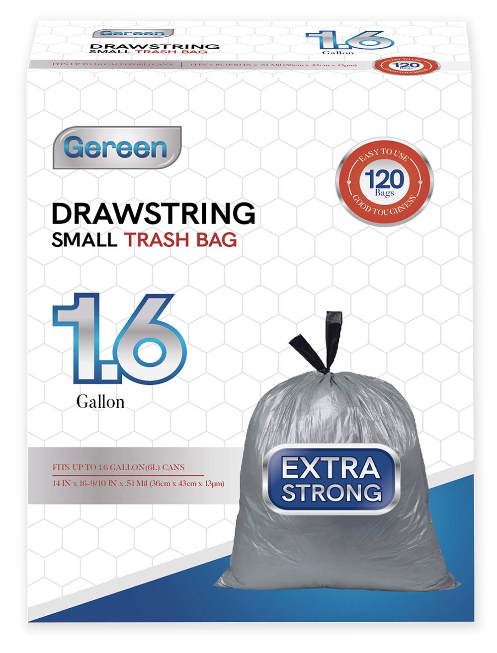 Gereen 1.6 Gallon Small Drawstring Trash Bags - 120 Count Extra Strong Garbage Can Liners for Home, Office, Car & Travel | Perfect for Bathroom, Kitchen, Bedroom & Vehicle Waste Disposal