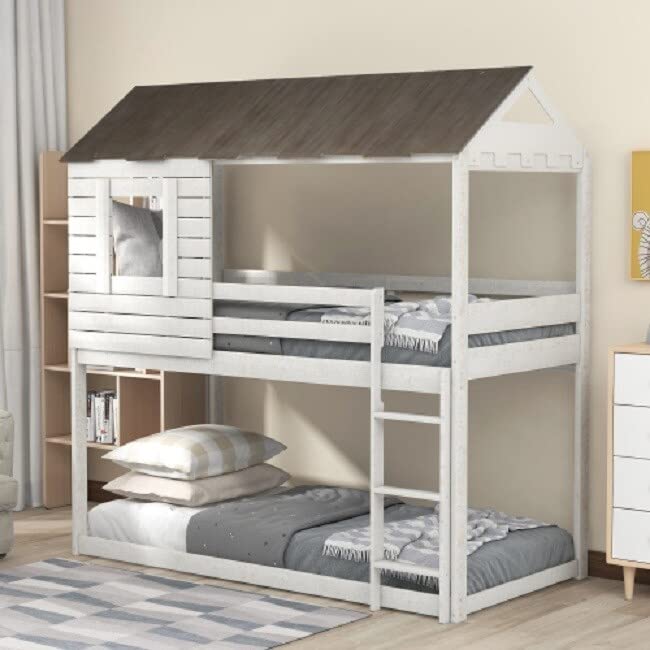 **Twin Over Bunk Bed with Roof Window, Guardrail & Ladder - Antique White Pine Wood Loft Bed for Kids & Teens - Modern Contemporary Design for Small Bedrooms & Dorm Rooms**