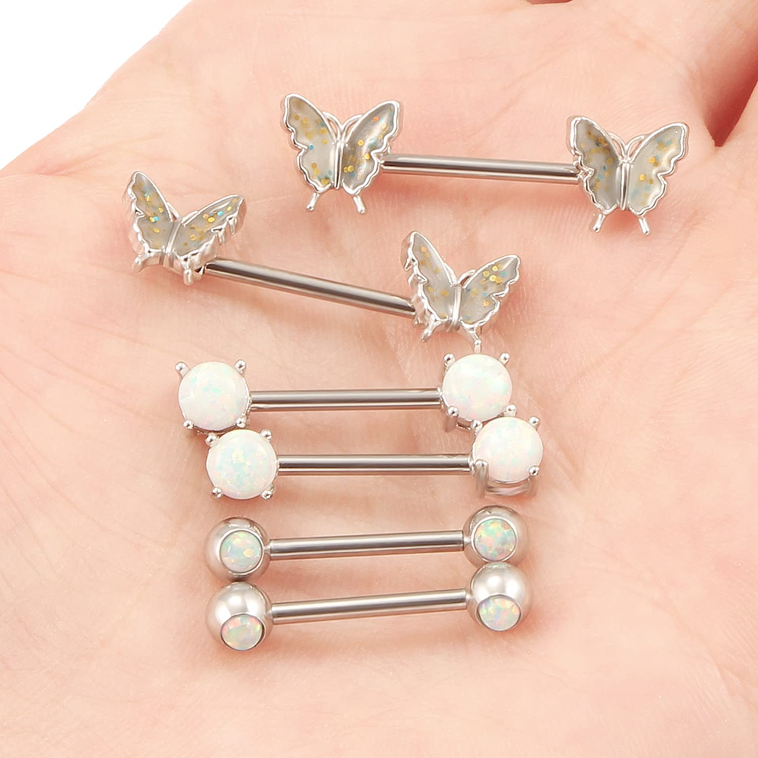 Vsnnsns 14G Stainless Steel Butterfly Nipple Rings with Opal - Surgical Steel Straight Bar Barbell Piercing Jewelry for Women (3 Pairs) - Perfect for Body Piercing, Everyday Wear & Unique Style