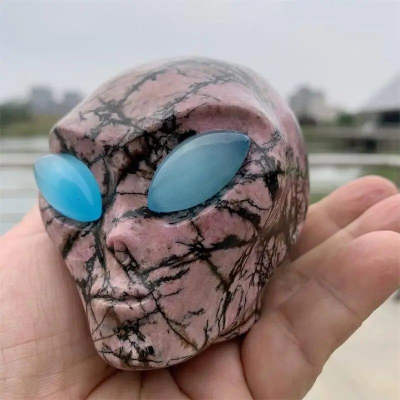 1PC Natural Polished Rhodonite Crystal Alien Skull Carving - Reiki Healing Stone, Feng Shui Decor, Unique Mineral Specimen for Home, Office & Meditation Space