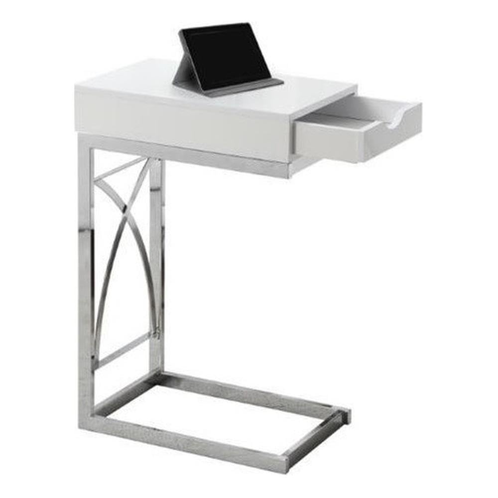 Monarch Specialties 3170 C-Shaped End Side Table with Drawer - Glossy White Laminate & Chrome Metal - 10.25