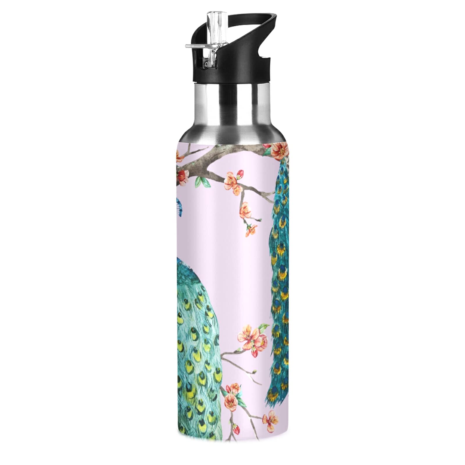 Peacock Lover Stainless Steel Vacuum Insulated Water Bottle with Straw Lid - 20oz Leakproof Thermos for Sports, Cycling, Hiking, Gym, School & Home - Perfect Gift for Nature Enthusiasts & Outdoor Activities