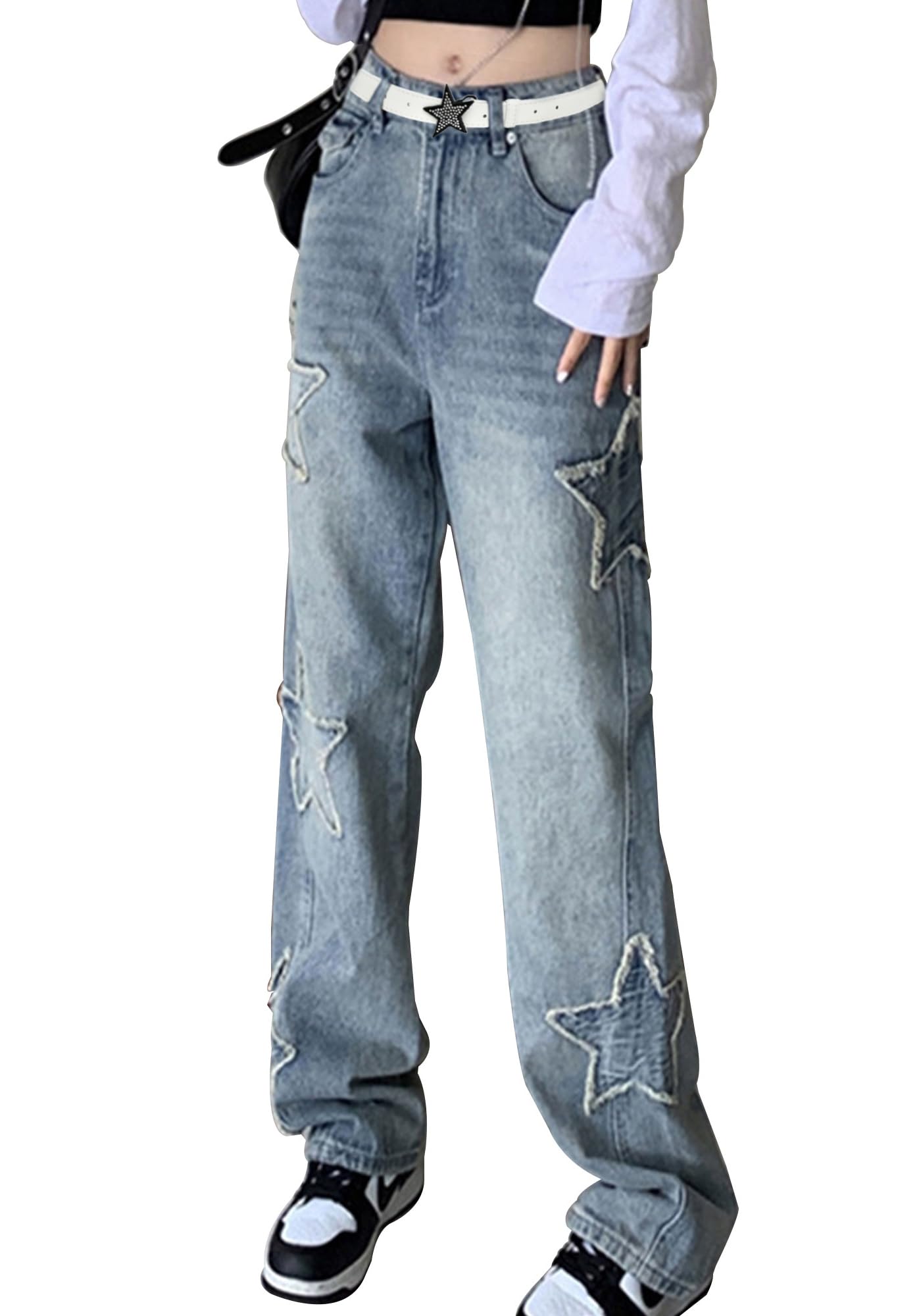 Y2K Emo Star Cargo Jeans for Women - Trendy High Waisted Baggy Pants with Multiple Pockets | Perfect for Teens, Streetwear Fashion, and Casual Outfits