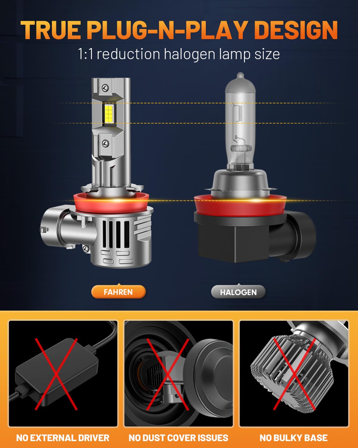 Fahren Upgraded H11 LED Bulbs - 38,000LM Super Bright, 6500K Cool White, 60,000 Hours Lifespan - Direct Replacement for H8/H9/H11 - Perfect for Fog Lights & Night Driving (Pack of 2)