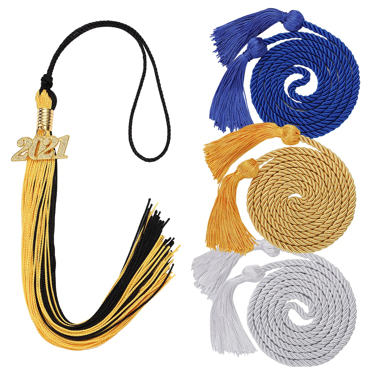 3 Pack Graduation Honor Cords & Tassel Set with 2021 Gold Charm - Black & Gold Academic Regalia for High School & College Graduates - Perfect for Graduation Ceremonies, Parties & Decorations