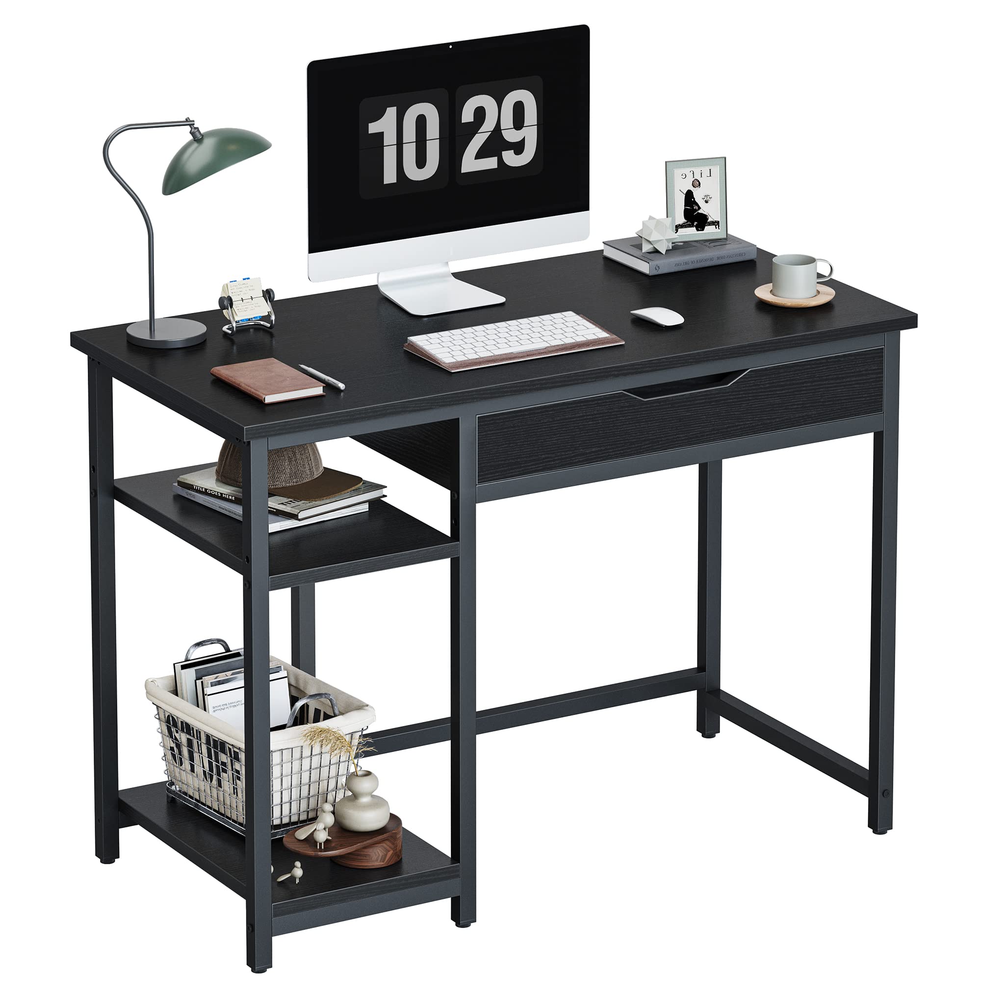 CubiCubi 40 Inch Black Modern Computer Desk with Shelves & Drawer - Home Office Writing Desk, Study Table for Small Spaces, Gaming & Remote Work