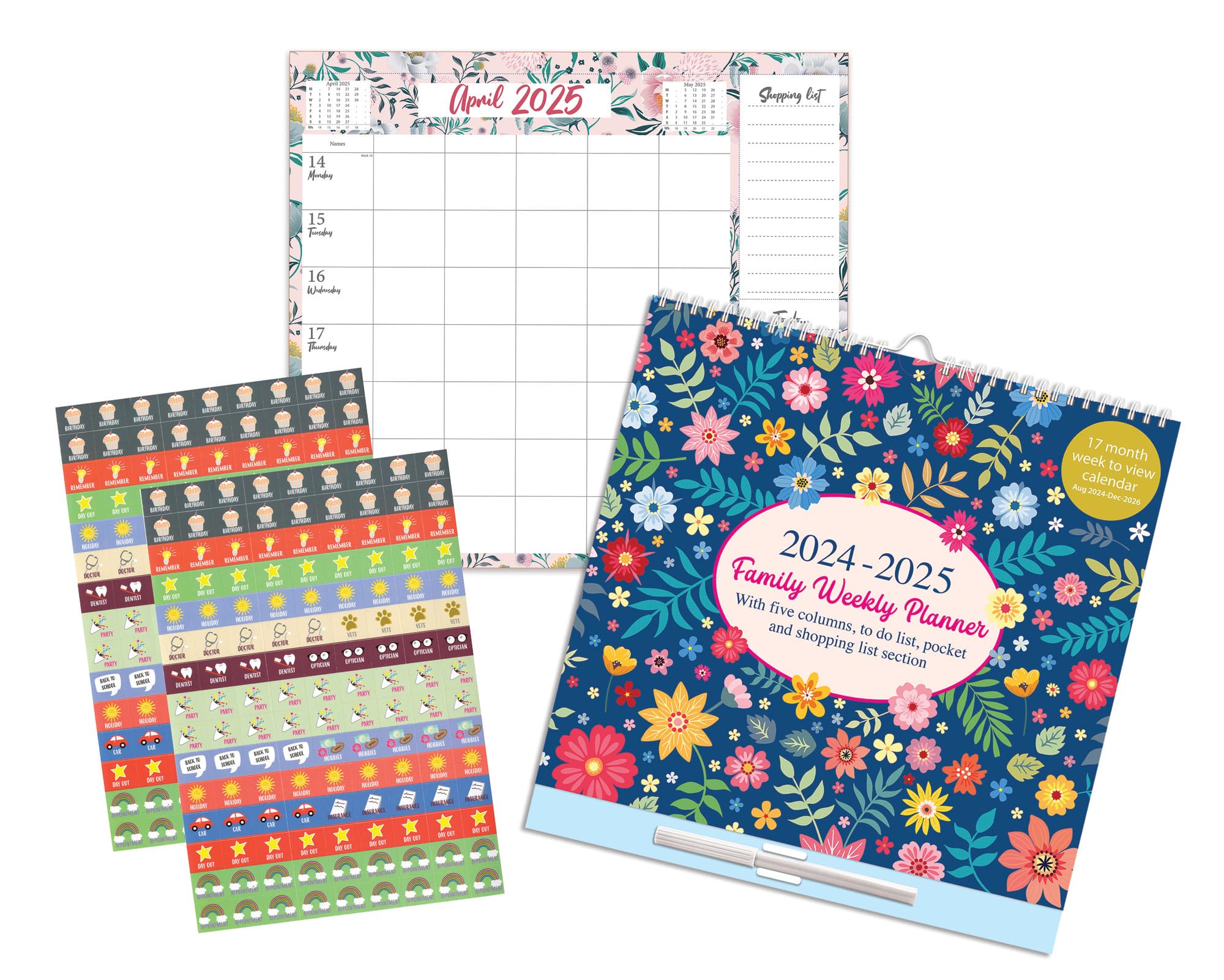 2024-2025 Large Family Wall Planner - 17 Month Weekly Calendar with 5 Columns, Memo Pad, Shopping List & Stickers (Aug 2024-Dec 2025) | Perfect for Home Organization, School Schedules & Office Planning