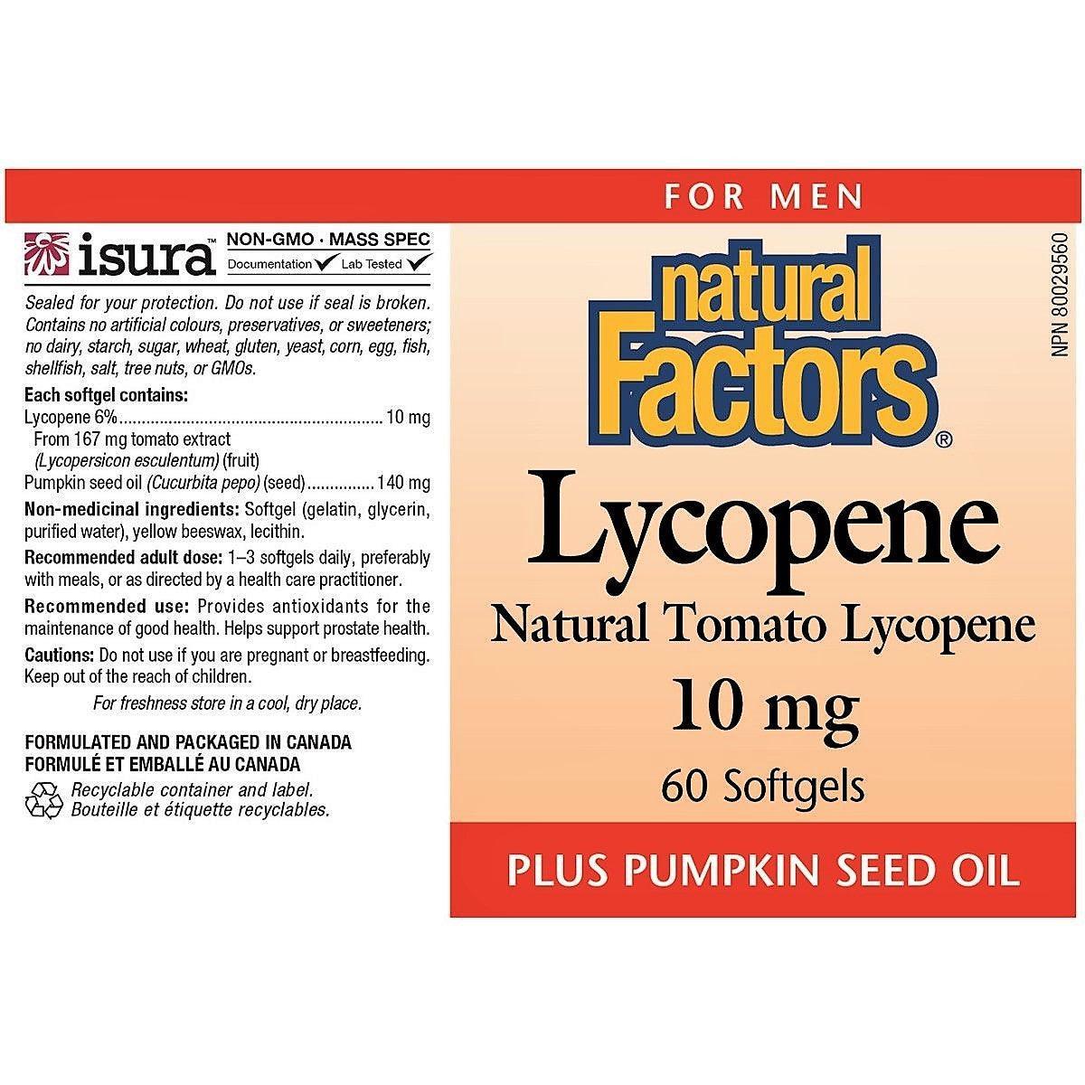 Natural Factors Lycopene 10mg - 60 Softgels for Heart & Prostate Health - Antioxidant Supplement for Men & Women - Supports Skin Protection & Eye Health - Daily Wellness & Immune Support