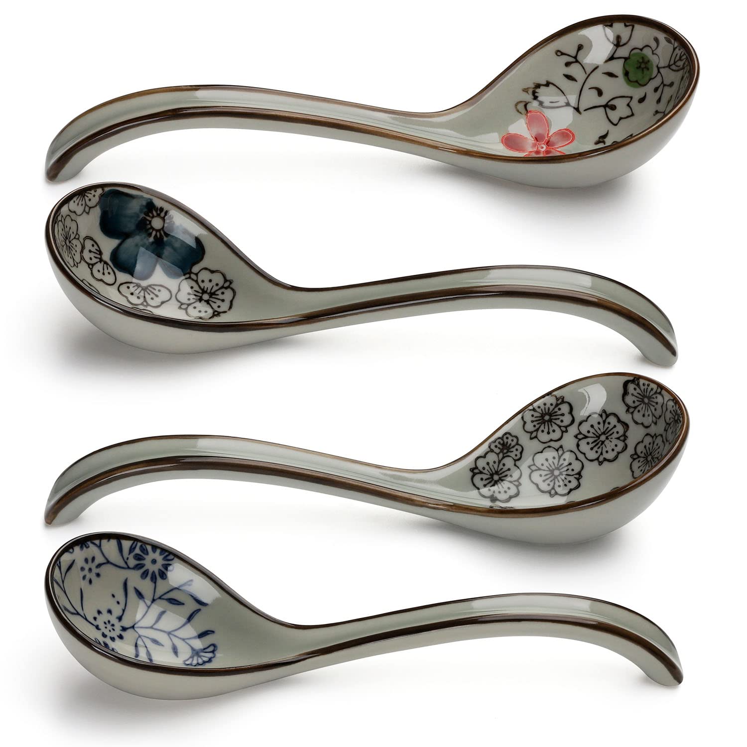 Premium Japanese Ceramic Soup Spoons Set of 4 - Long Handle Porcelain Asian Soup Spoons for Pho, Ramen, Noodles, Wonton & Dumplings - Ideal for Asian Cuisine, Restaurants & Home Dining (Model 2)