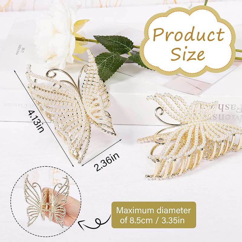 2Pcs Butterfly Pearl Hair Claw Clips - Large Non-Slip Strong Hold Hair Clips with Bling Pearls for Women, Elegant Fairy Hair Accessories for Parties, Weddings & Everyday Style
