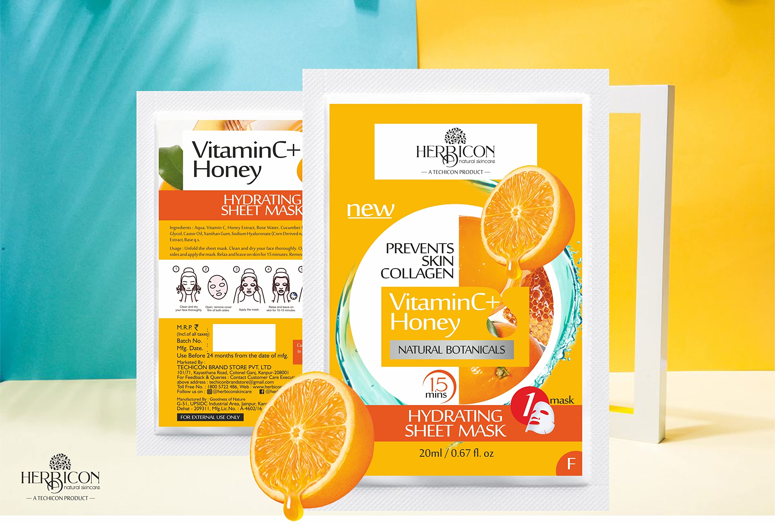 Herbicon Vitamin C & Honey Face Sheet Mask - Brightening & Hydrating for Glowing Skin - 20g (5 Pack) | Perfect for Daily Skincare Routine & Spa Night