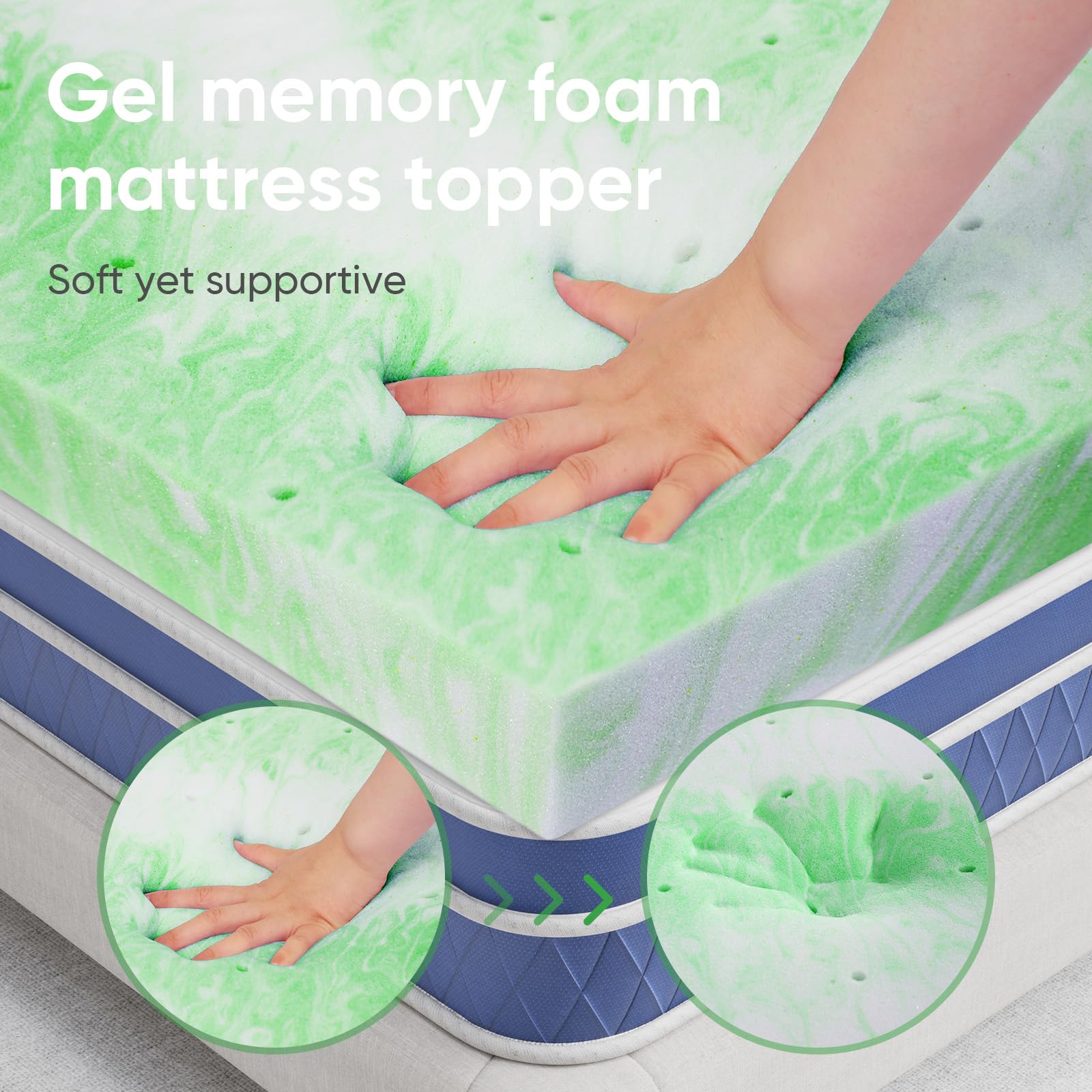 BedsPick 2 Inch Green Tea Memory Foam Mattress Topper Twin Size - Gel Infused Cooling Bed Topper for Twin Beds, Sleeper Sofas, RVs & Campers - CertiPUR-US Certified for Comfort & Support - Perfect for Hot Sleepers & Pressure Relief