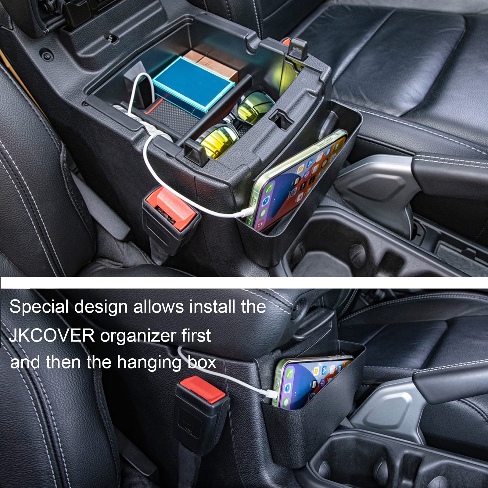 Jeep Wrangler JL/JLU (2018-2025) & Gladiator JT (2020-2025) Center Console Organizer - Hanging Storage Box with Armrest Tray for Car Accessories | Perfect for Road Trips & Off-Road Adventures
