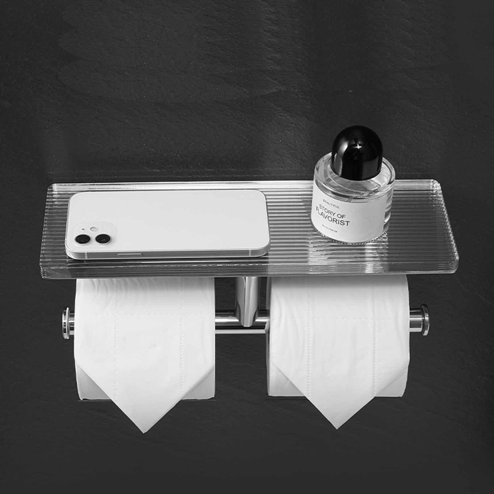 No Drill Toilet Paper Holder Wall Mount - Self Adhesive Stainless Steel & Acrylic Bathroom Tissue Roll Holder with Shelf for Kitchen, Bathroom - Chrome Finish (Perfect for Small Spaces & Rental Homes)
