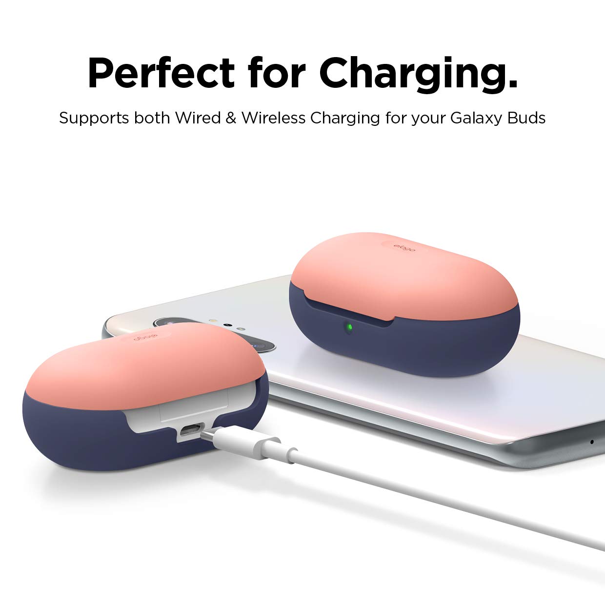 Premium Silicone Case for Samsung Galaxy Buds Plus (2020) & Galaxy Buds (2019) - Soft Protective Cover with Peach Top & Jean Indigo Bottom - Perfect for Gym, Travel & Everyday Use