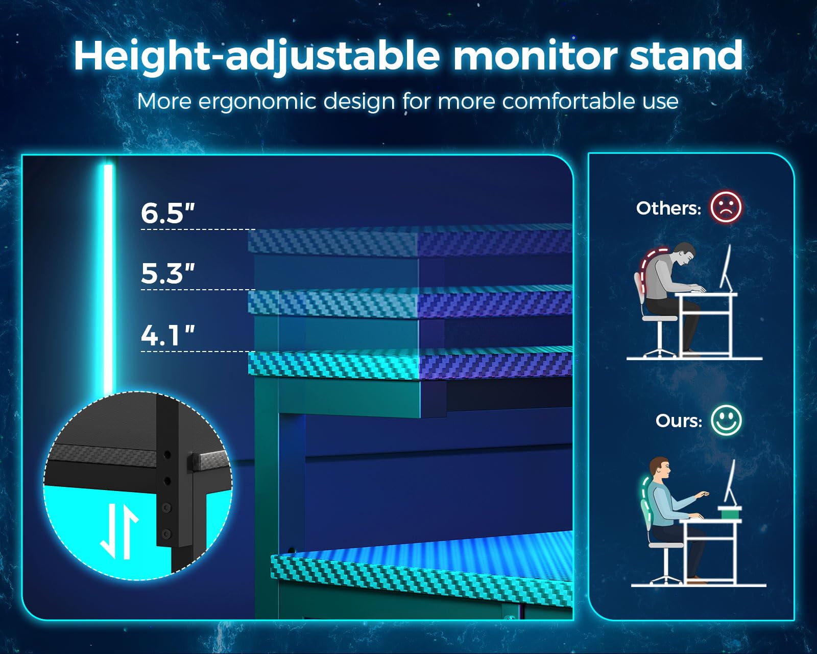 L Shaped Gaming Desk with Power Outlet & LED Lights - 43 Inch Reversible Computer Desk with Adjustable Monitor Stand - Ergonomic Home Office Workstation for PC Gaming & Remote Work (Black)