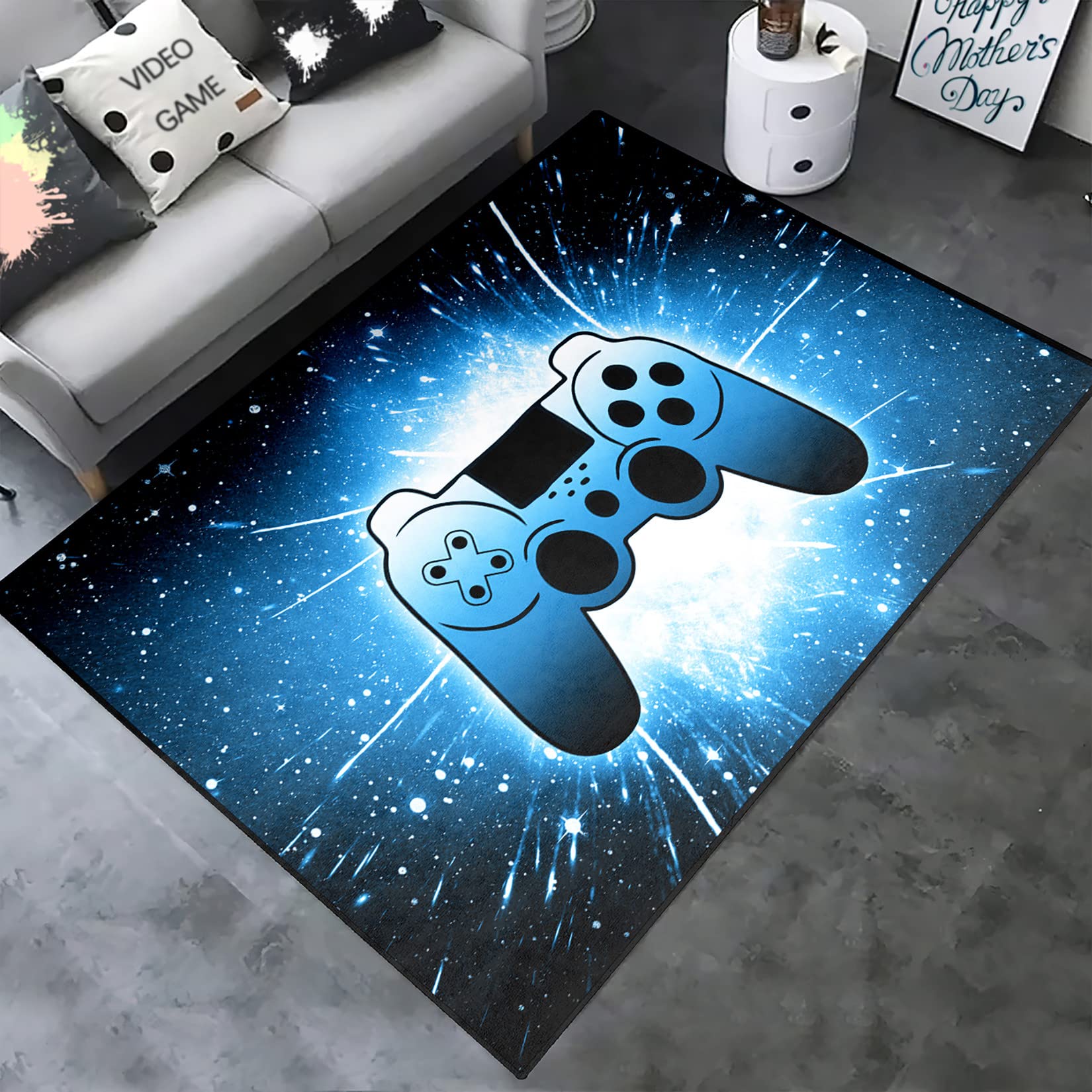 Modern Gaming Rug for Boys Bedroom - 47x31 Inch Video Game Themed Carpet with Blue Starry Sky Design, Indoor/Outdoor Play Mat for Living Room & Game Room Decor - Perfect for Gaming Setups, Kids Play Areas & Home Decor