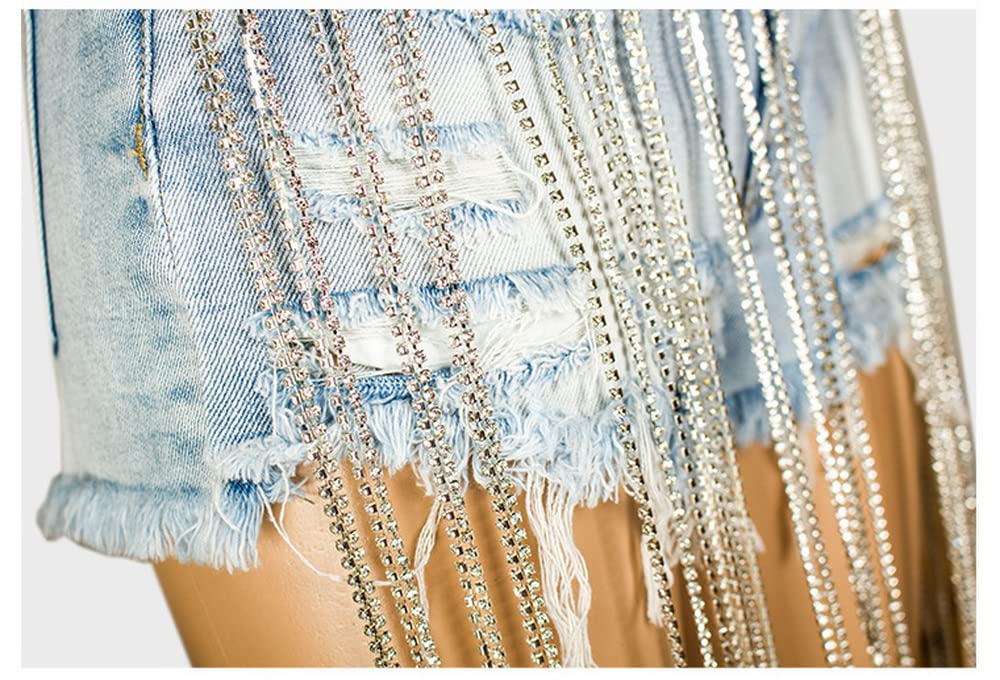 COMLIFE Women's Summer Denim Shorts - Tassel Fringe Wide Leg Rhinestone Embellished Sexy High Waist Jeans for Beach, Party & Casual Outfits