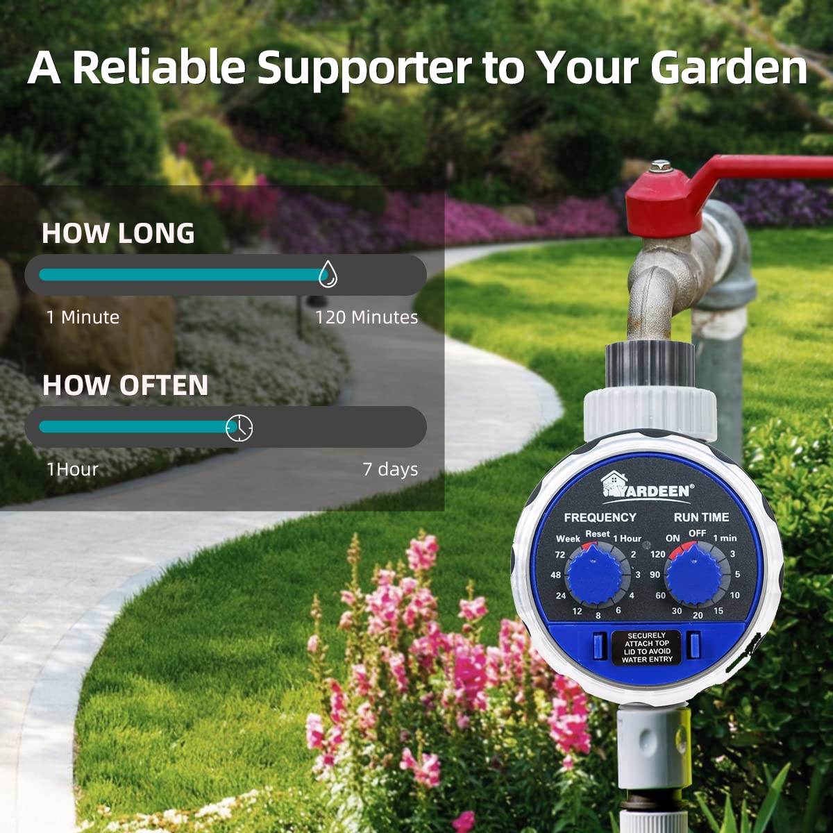 Water Timer Electronic Hose Sprinkler - No Water Pressure Required, Two Dial Garden Irrigation Controller for Lawns, Flower Beds & Vegetable Gardens