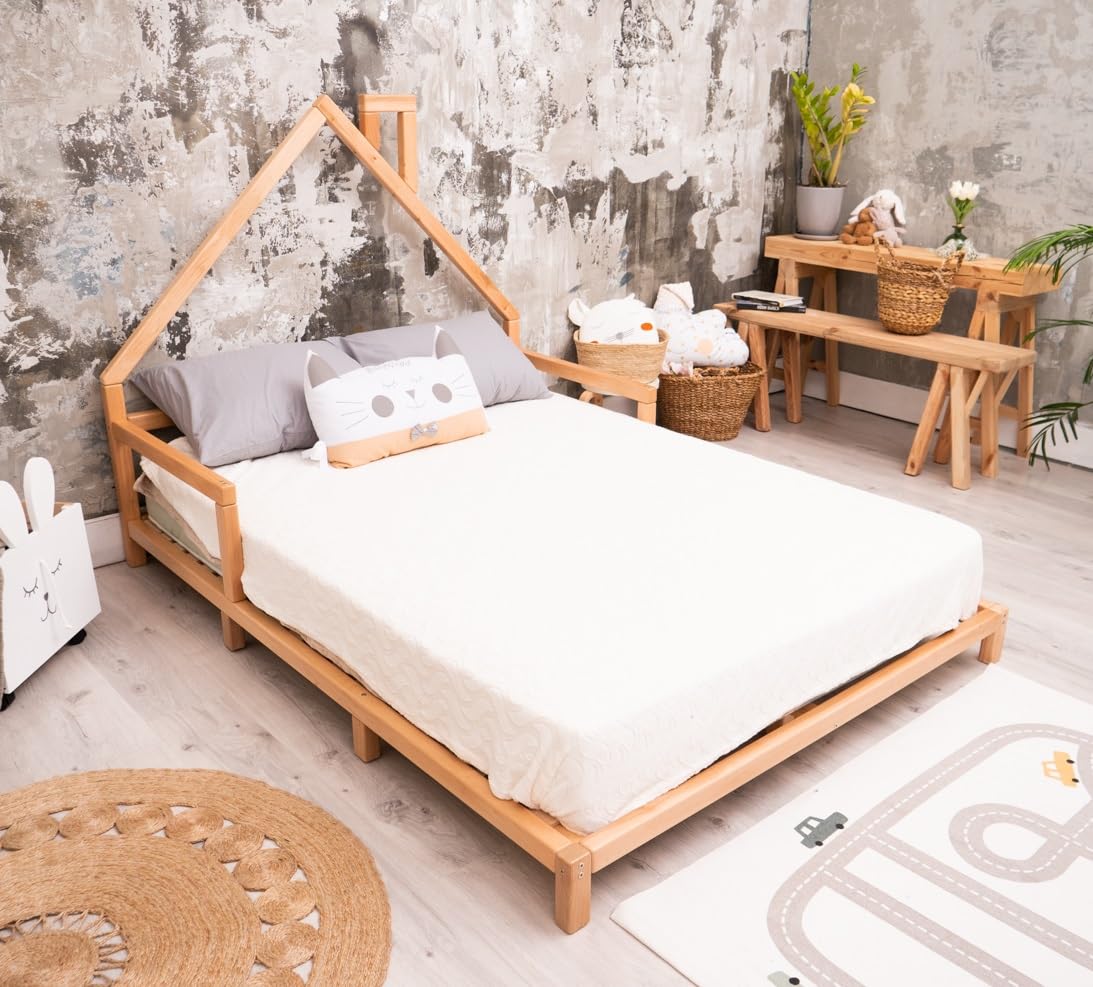 Montessori Toddler Bed - Twin/Full/Queen Size Floor Bed with Safety Rails - Solid Wood House Bed Frame for Kids - Safe & Stylish Toddler Bedroom Furniture (Model 3) - Perfect for Montessori Rooms, Daycare Centers & Cozy Kids' Bedrooms