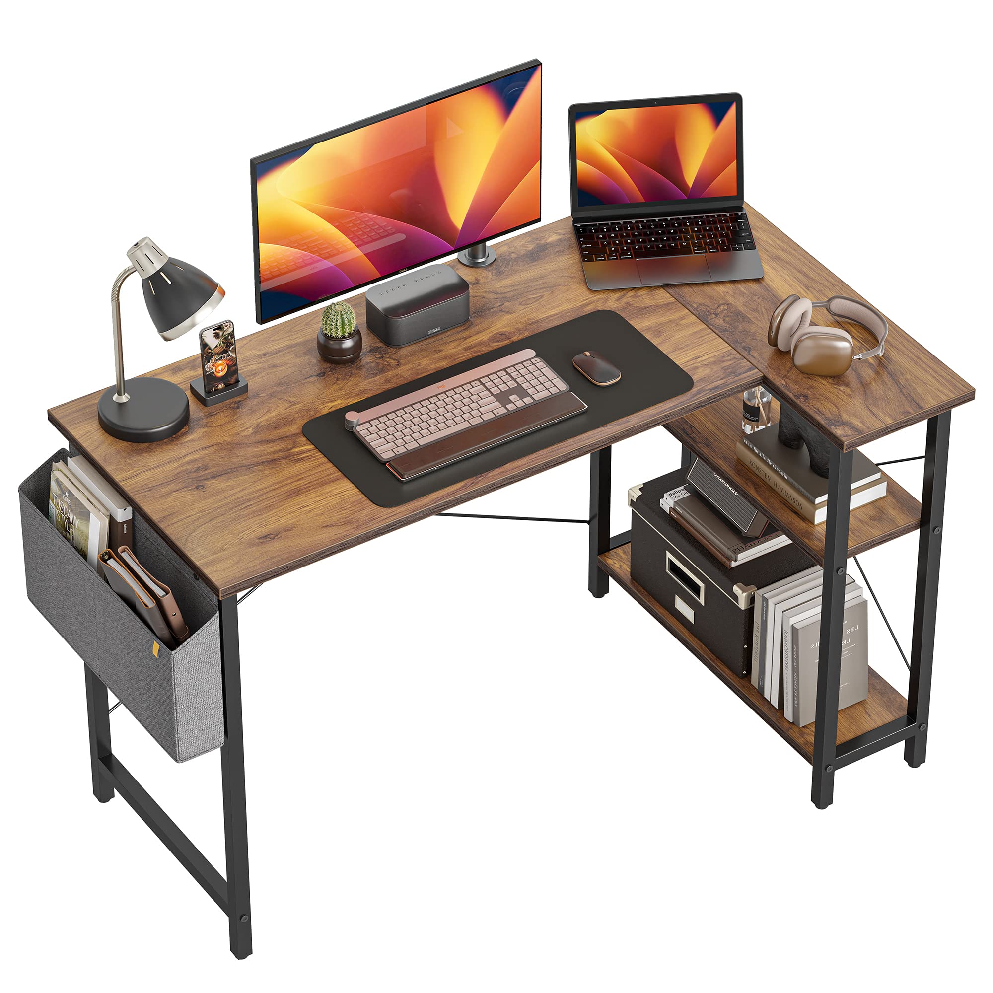 CubiCubi 120 cm Small L Shaped Computer Desk with Storage Shelves - Home Office Corner Desk, Study Writing Table in Rustic Brown - Perfect for Small Spaces, Gaming Setup & Remote Work