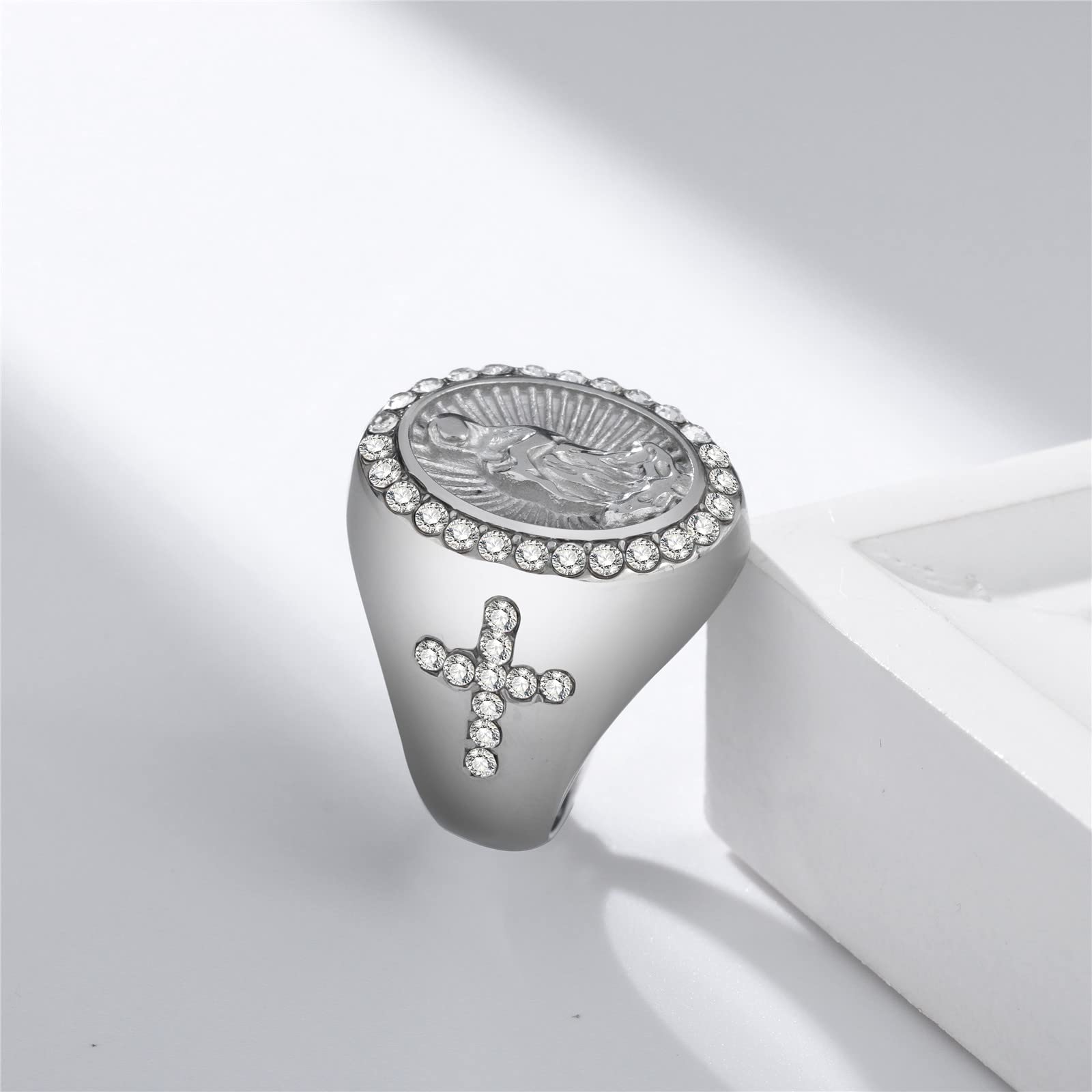 Stainless Steel Virgin Mary Cross Ring for Men & Women - Religious Jewelry Gift for Christmas, Baptism, Confirmation & Everyday Faith Wear