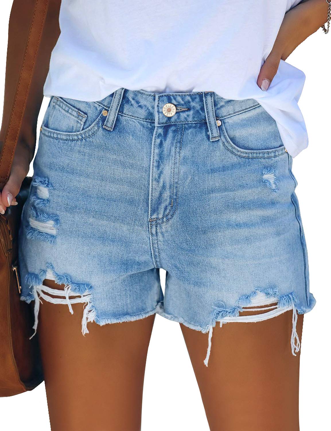 Uqnaivs Women's Distressed High Rise Denim Shorts - Casual Stretch Jean Hot Pants for Summer Outfits & Beach Vacations