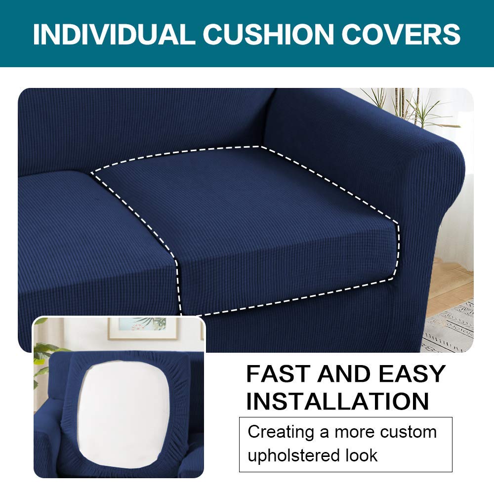 Turquoise Navy Blue 3-Piece Sofa Cover Set - Stretchable Slipcover for 3-Seater Couch & 2-Seater Loveseat - Perfect for Living Room, Family Room & Home Decor Protection