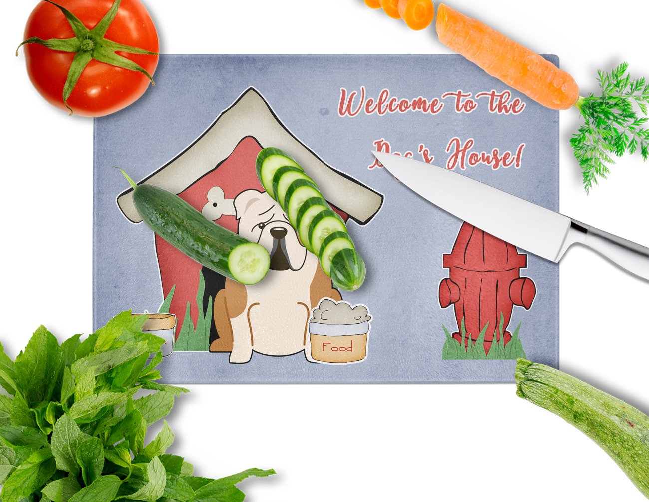 English Bulldog Fawn White Tempered Glass Cutting Board - Large Decorative Kitchen Chopping & Serving Board | Dog Lover Gift, Housewarming Present, Unique Kitchen Decor for Pet Owners