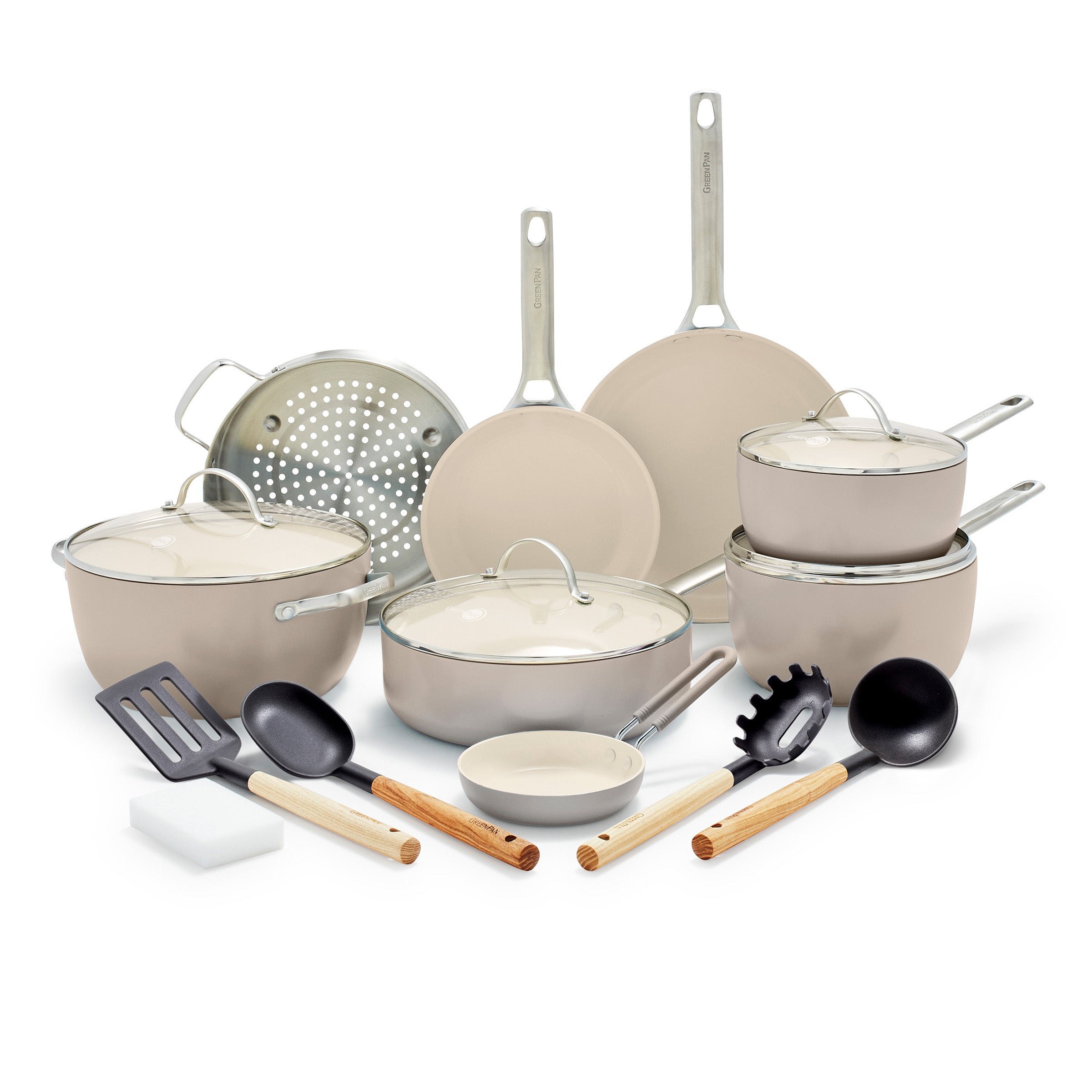 Padova Ceramic Nonstick 16-Piece Cookware Set - Taupe | Durable & Eco-Friendly Pots & Pans for Healthy Cooking | Perfect for Frying, Boiling & Sauteing in Modern Kitchens