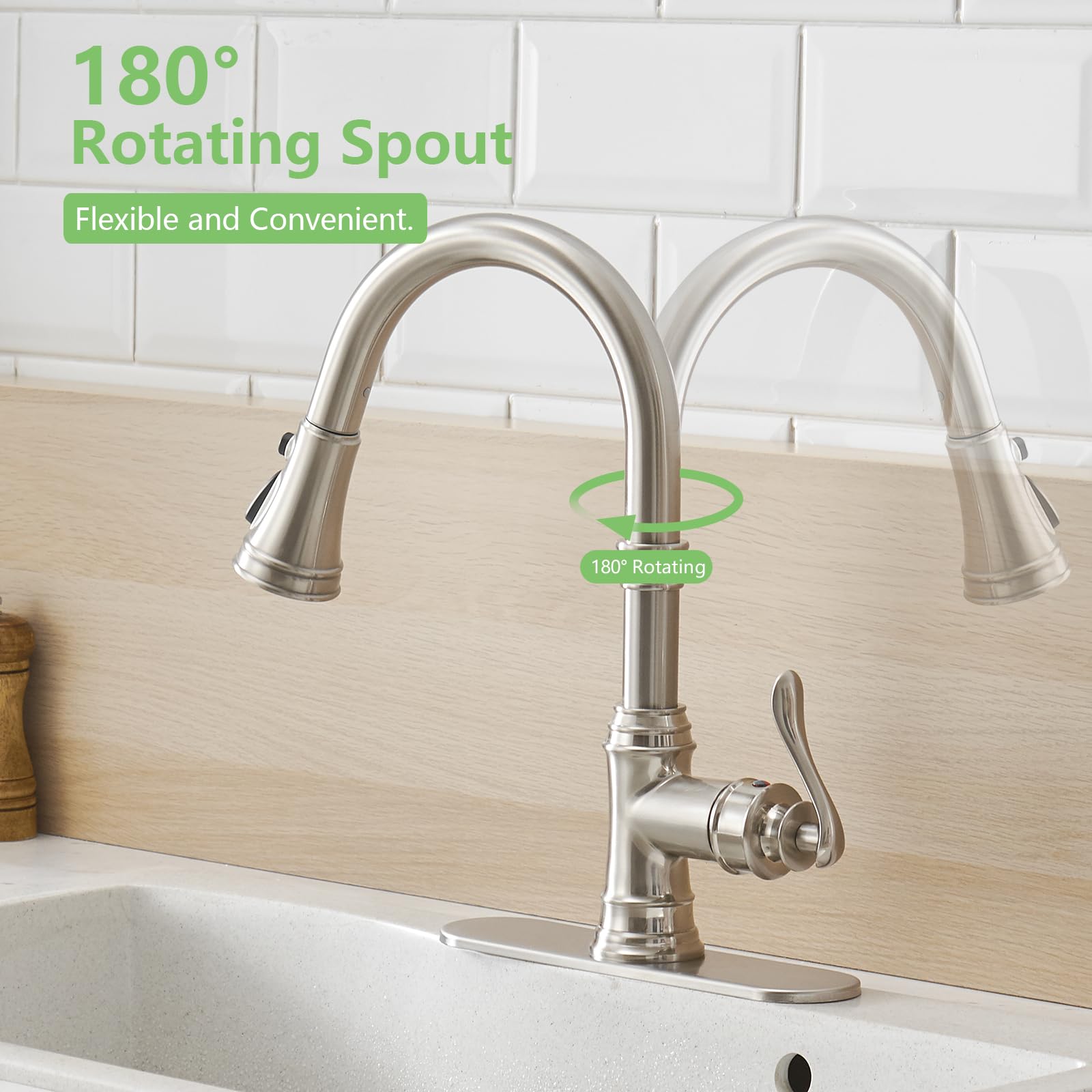 **Brushed Nickel Pull Down Kitchen Sink Faucet with 3 Spray Modes, 10-Inch Deck Plate - Commercial & RV Use for Farmhouse, Restaurant, and Home Kitchens**