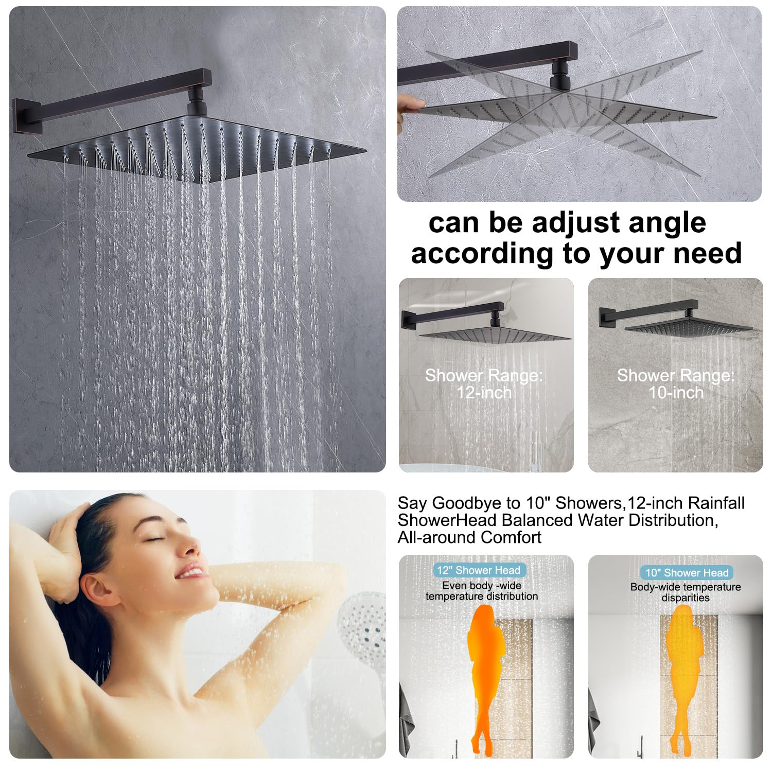 Enga 12-Inch All Metal Rain Shower Head System - Wall Mounted Oil Rubbed Bronze Shower Jets for Luxurious Bathroom Experience | Perfect for Spa-Like Relaxation and Modern Home Upgrades