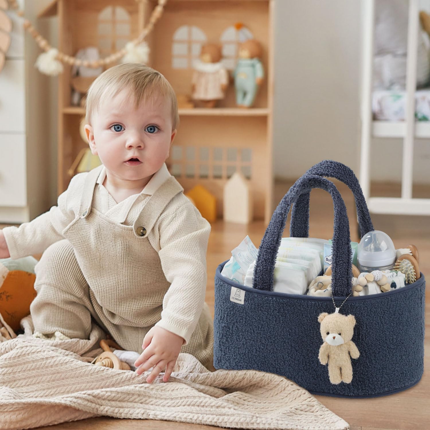 CLYMENE Baby Diaper Caddy Organizer - Portable Nursery Storage Basket for Diapers, Wipes & Baby Essentials | Newborn Changing Table Organizer | Perfect Baby Shower Gift & Registry Item | Travel Diaper Tote Bag for Car & Home Use | Stone Blue | Ideal for Nursery Organization & On-the-Go Parents