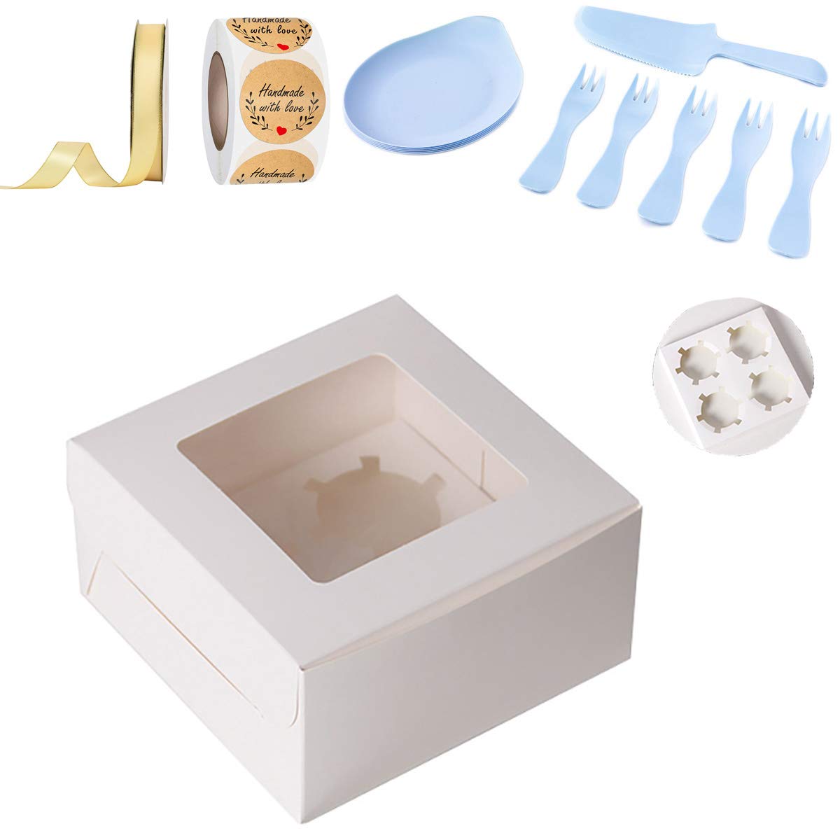 Mayata 10-Pack White Bakery Boxes with Clear Window - Perfect for Cakes, Pastries, Cookies, Pies & Cupcakes - Includes Cake Cutlery, Decorative Stickers & Ribbons (4-Holder Cake Carrier 16x16x7.5cm) - Ideal for Bakeries, Dessert Shops, Birthday Parties & Wedding Favors