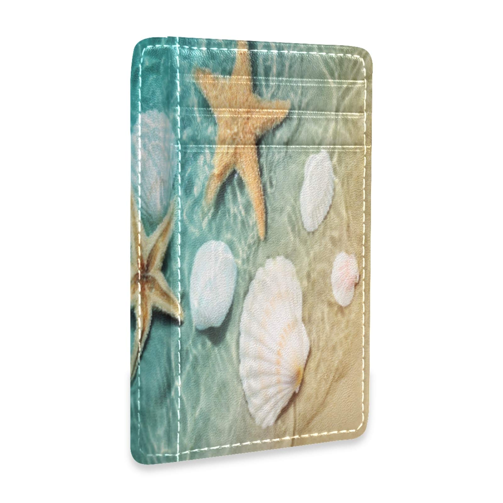 Starfish and Shell Summer Beach Slim RFID Blocking Minimalist Wallet - PU Leather Front Pocket Card Holder for Men & Women - Perfect for Travel, Outdoor, and Everyday Use