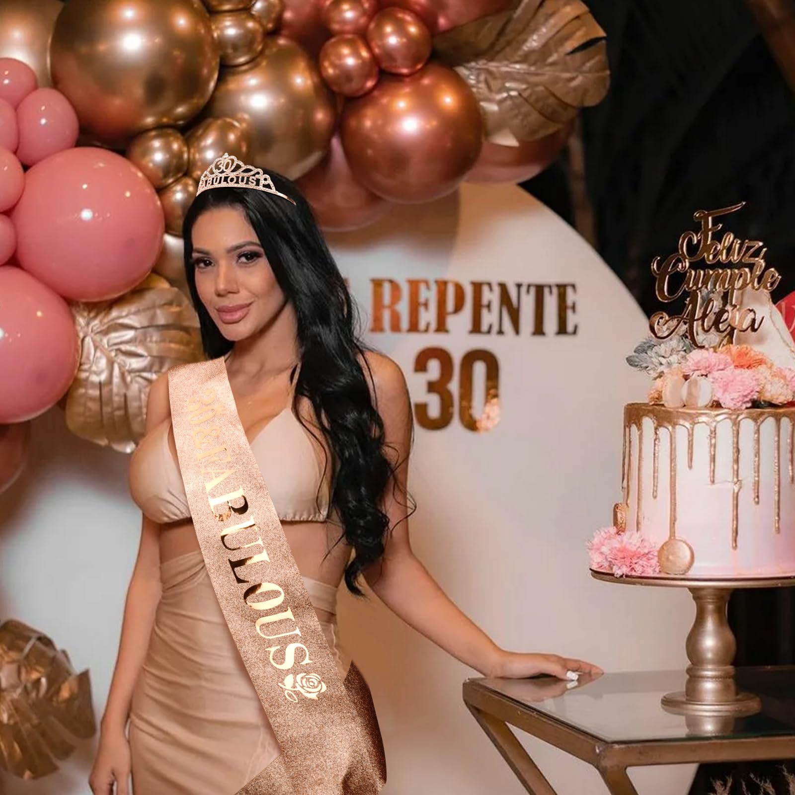 Rose Gold 30th Birthday Crown & Sash Set for Women - Elegant 30th Birthday Party Decorations, Dress Outfit & Gifts for Her - Perfect for Birthday Celebrations, Photo Shoots & Special Occasions