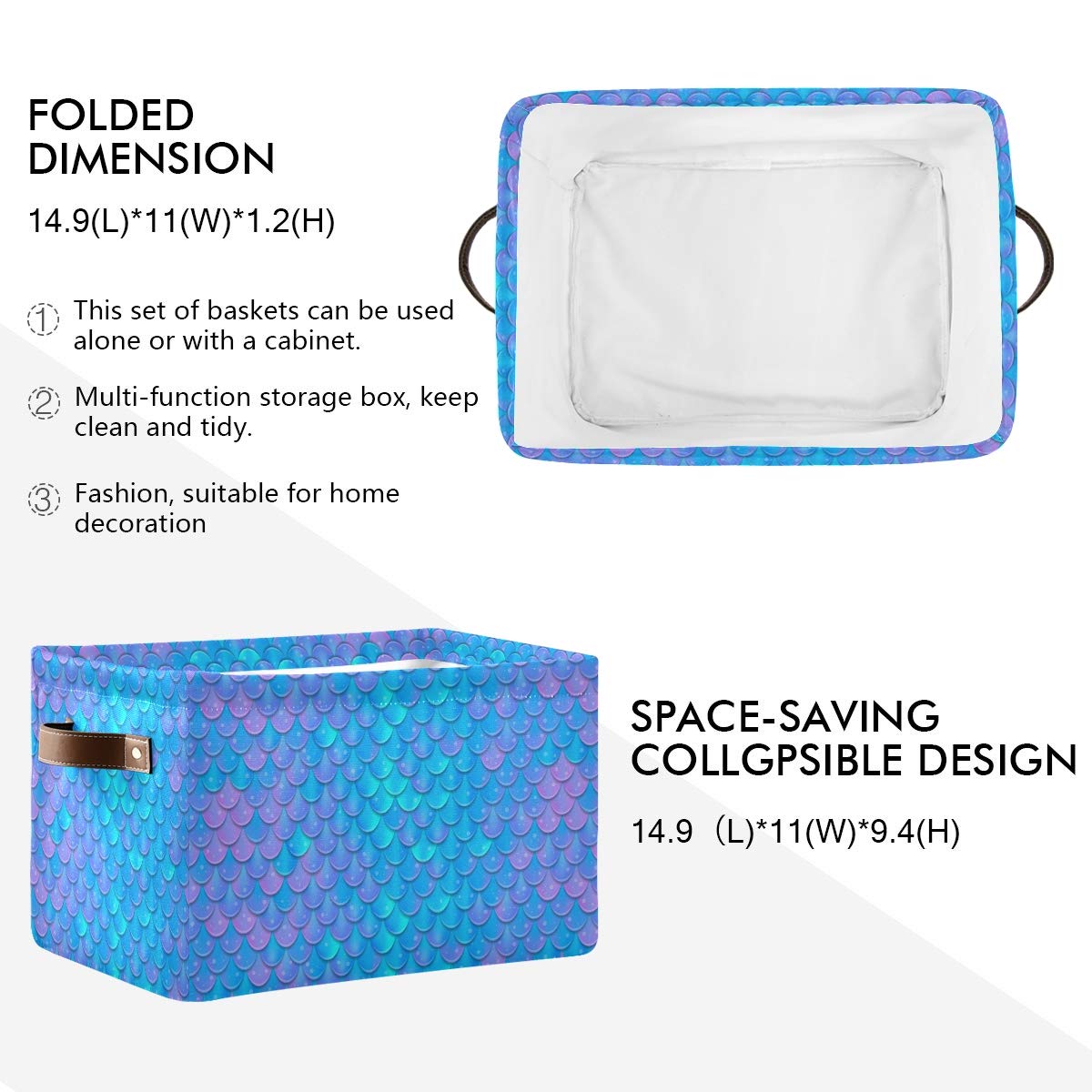 Blue Mermaid Storage Baskets - Collapsible Fabric Bin for Home & Bedroom Organization