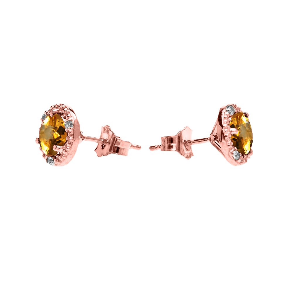 10K Rose Gold Halo Stud Earrings with Solitaire Citrine & Diamonds – Elegant Jewelry for Women, Perfect for Weddings, Parties & Everyday Wear