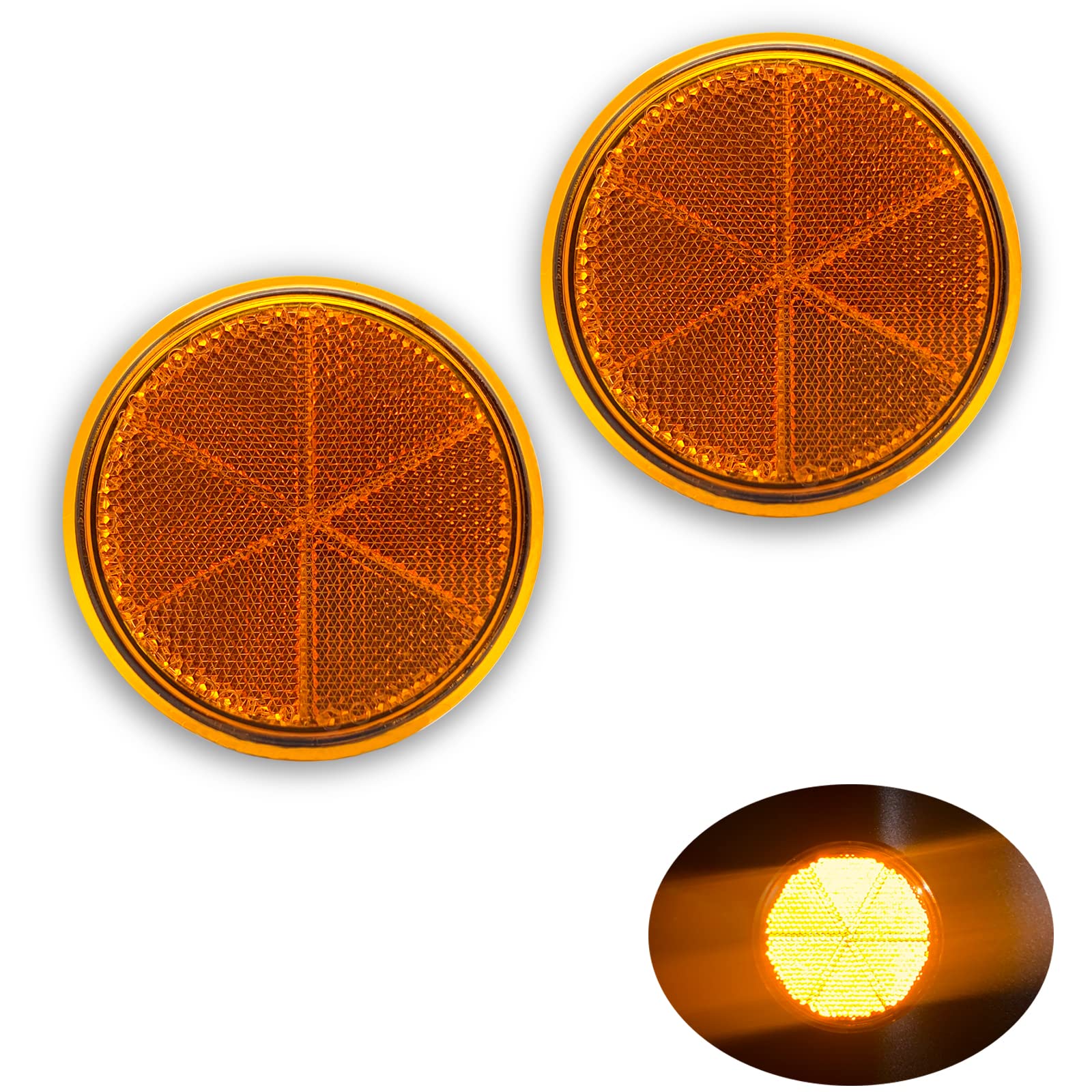 2PCS Amber Round Self-Adhesive Reflectors - DOT/EMARK/CCC Certified for Trailers, Driveways & Mailboxes - High Visibility Safety Markers for Nighttime Road Safety