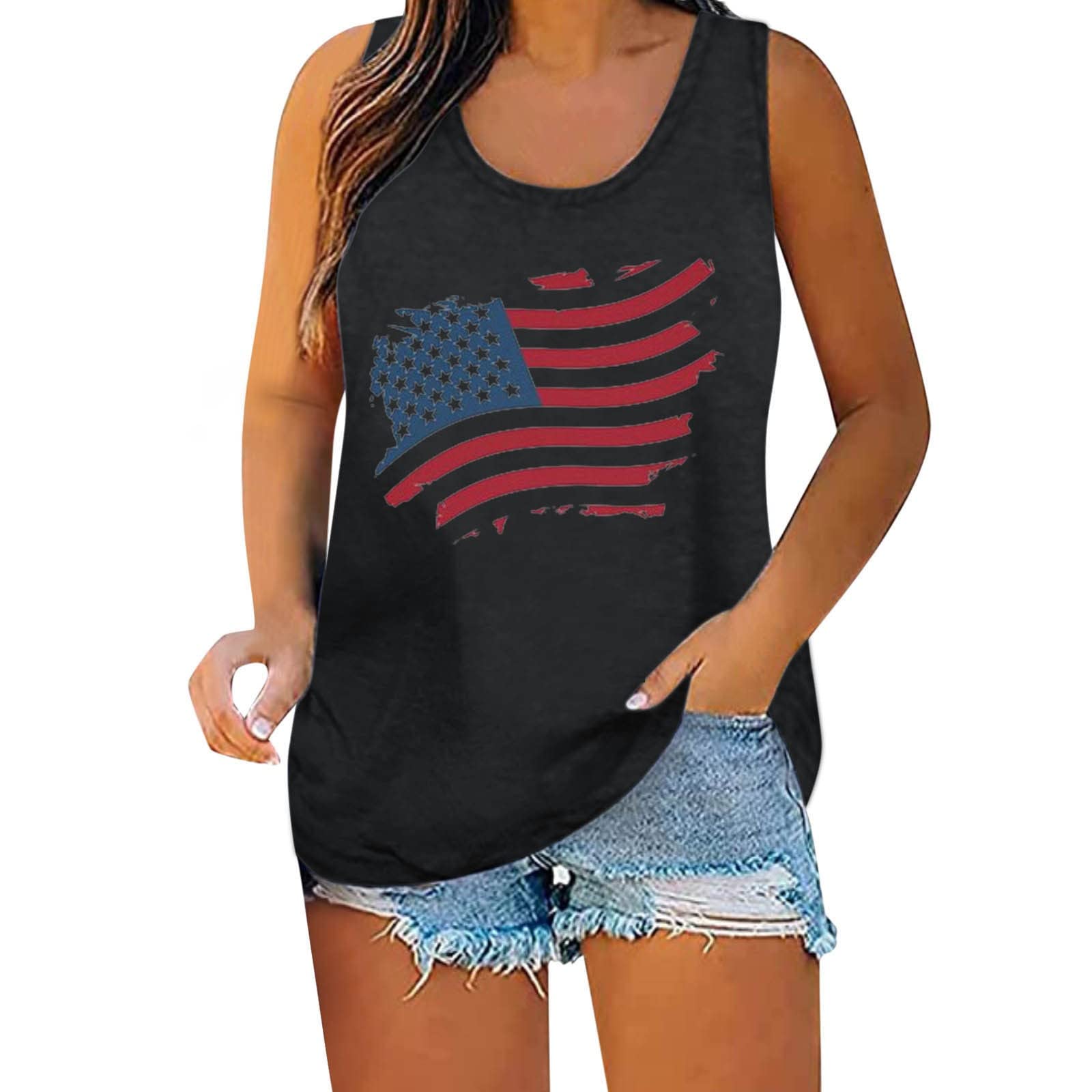 Women's Independence Day Printed Tank Top - Summer Casual Sleeveless Muscle Tee - Black Undershirt for Women | Perfect for 4th of July Celebrations, Beach Outings & Gym Workouts