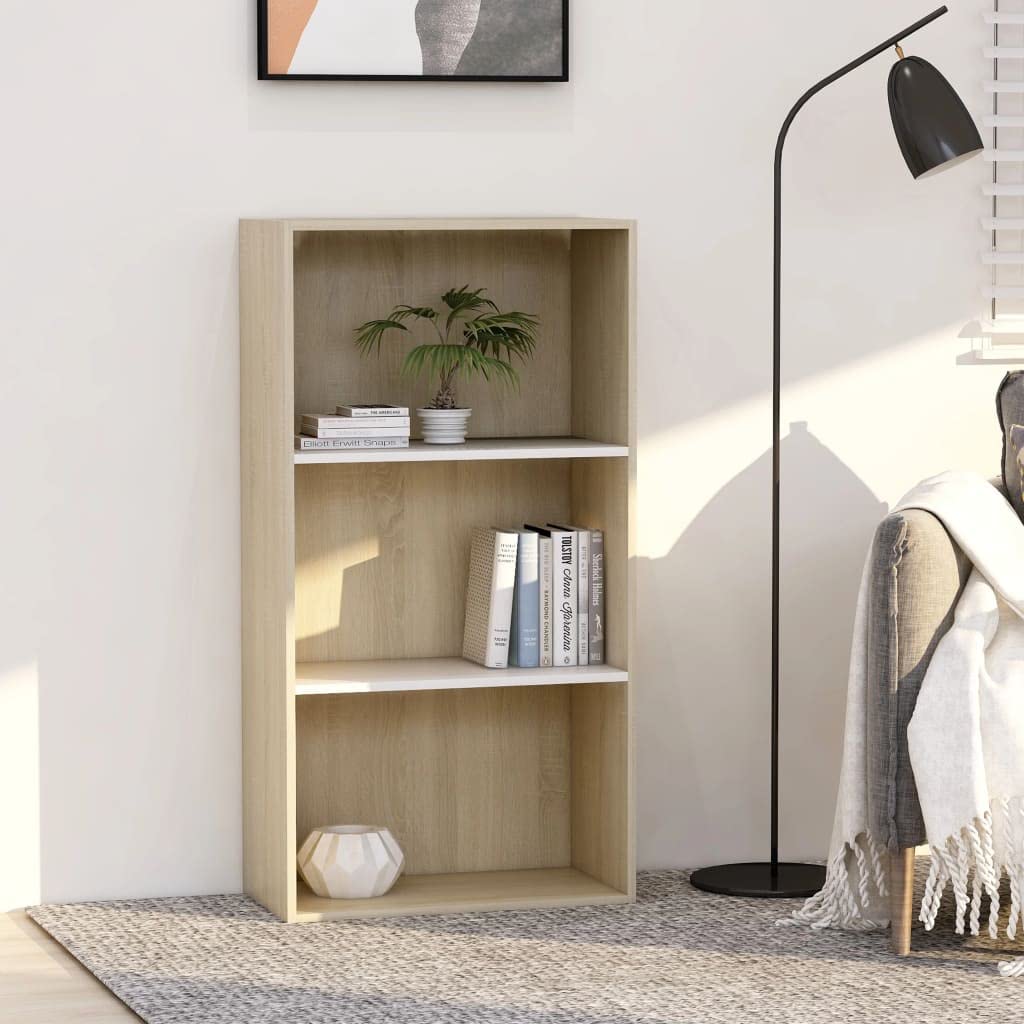 3-Tier White & Sonoma Oak Bookcase - 23.6
