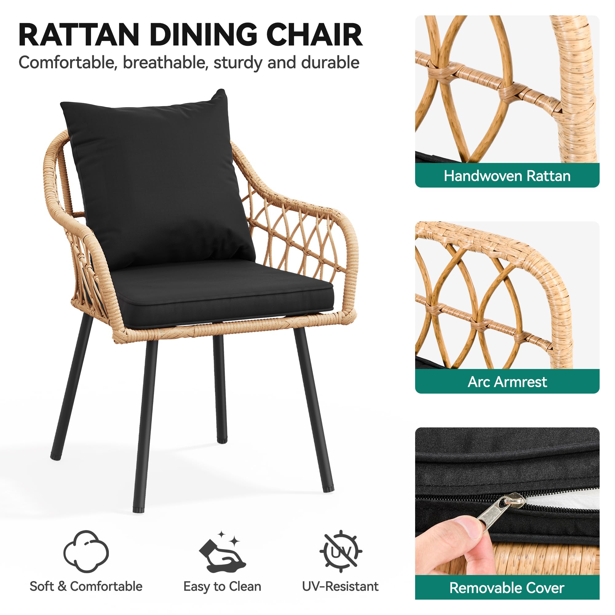 YITAHOME 4-Piece Patio Chairs Set, All-Weather Wicker Outdoor Dining Chairs with Comfortable Cushions, Light Brown & Black Rattan Conversation Chairs for Backyard, Deck, Garden, and Poolside Relaxation