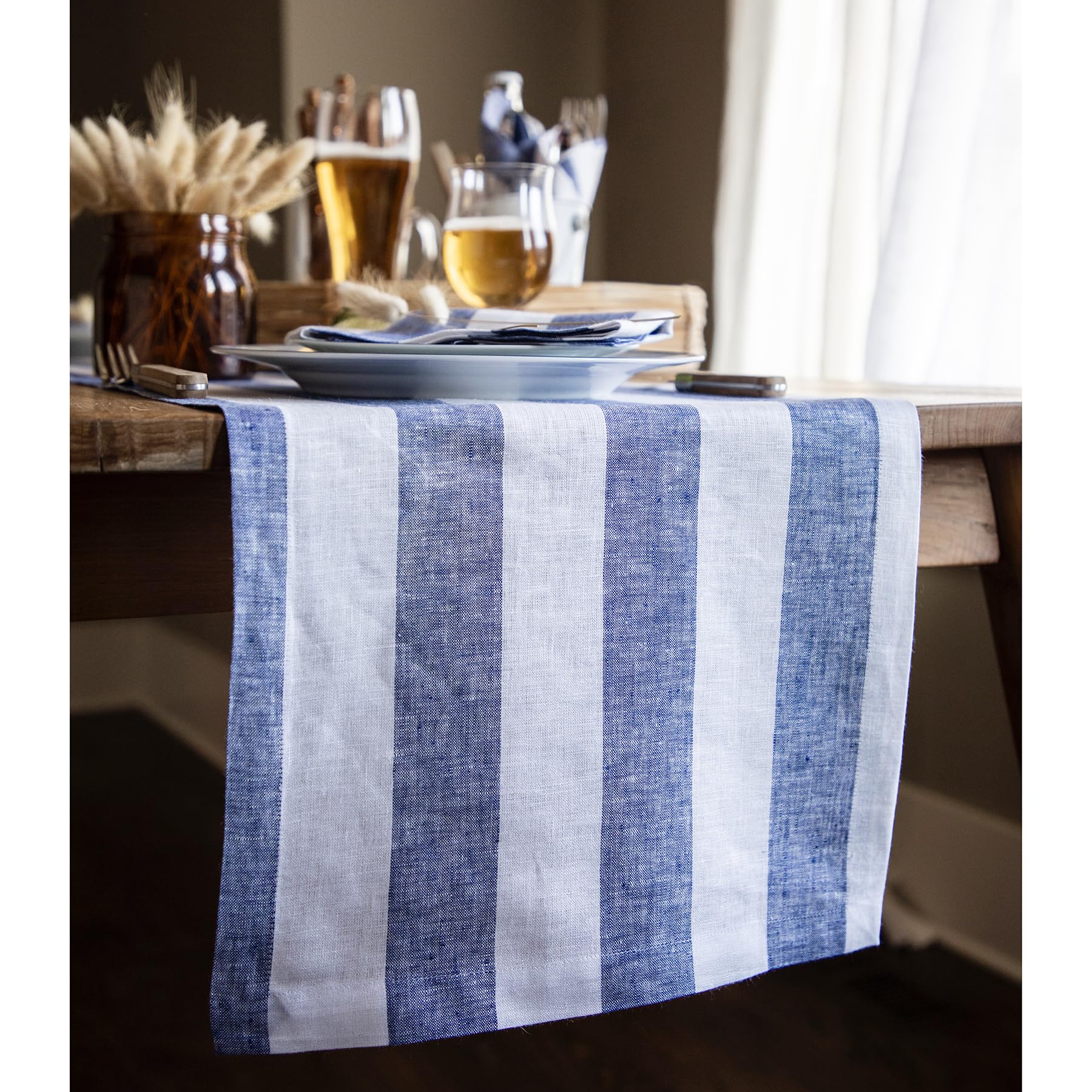 Solino Home 100% Pure Linen Table Runner - 14 x 60 Inch Navy & White Cabana Stripe - Elegant Dining Table Decor for Spring, Easter, Mother's Day - Perfect for Coffee Tables, Dressers & Holiday Decorations