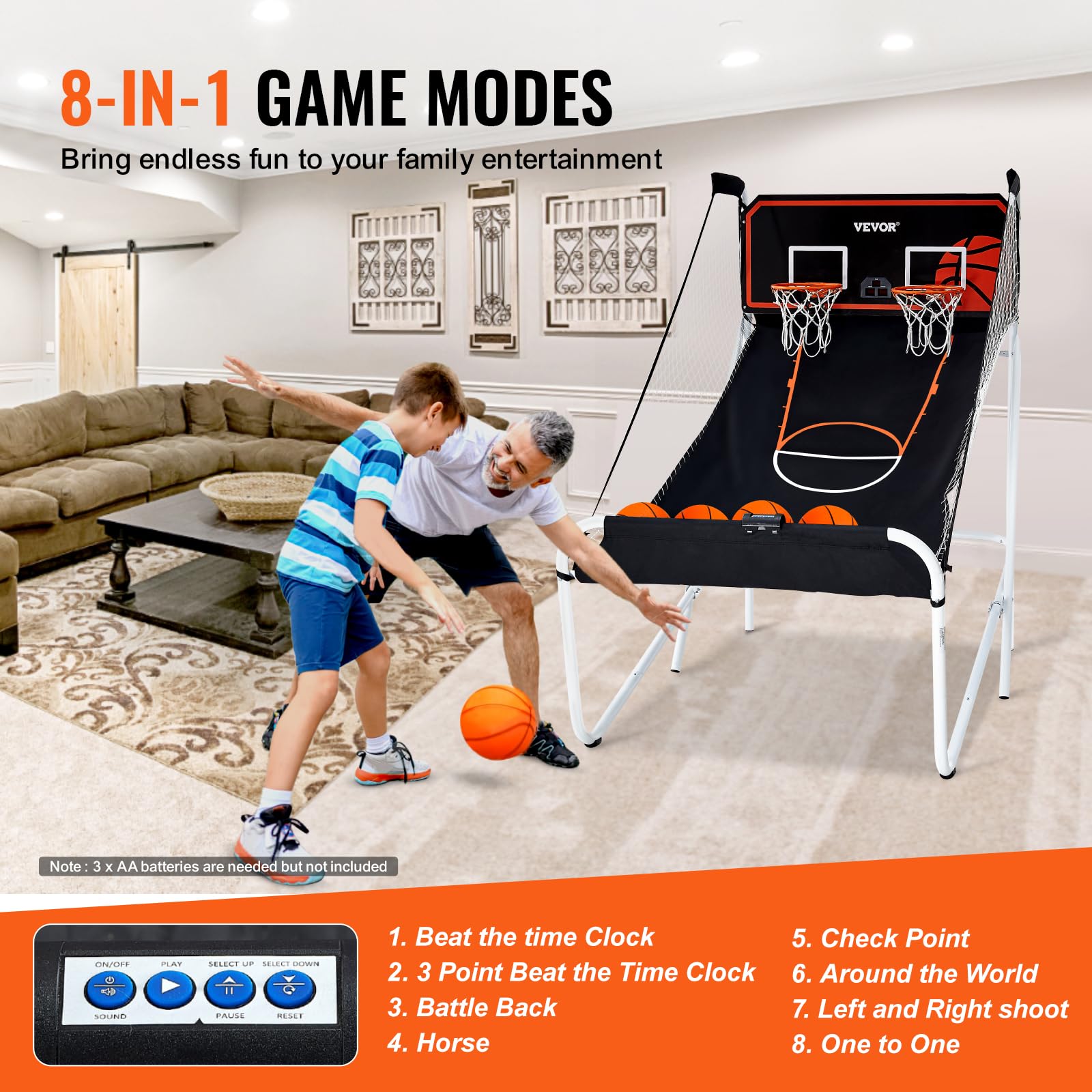 VEVOR 2 Player Basketball Arcade Game - Indoor Electronic Basketball Hoop with 8 Game Modes, Scoreboard & Air Pump - Fun Home Sports Game for Kids & Adults - Perfect for Game Rooms, Parties & Family Entertainment