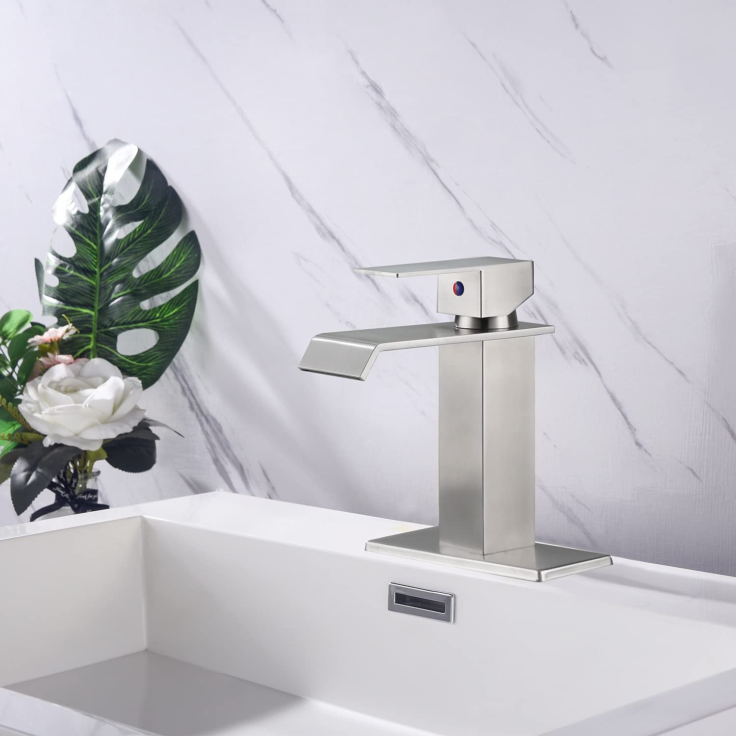HuaZo Modern Bathroom Vanity Sink Faucet Set with Waterfall Spout - Single Handle Bathroom Faucet for Sink - 359161 - Perfect for Contemporary Home, Hotel, and Spa Bathroom Renovations