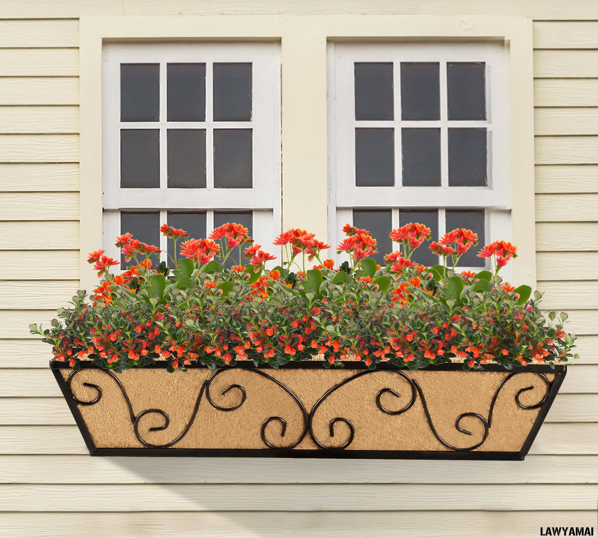 2 Pack 24 Inch Window Box Planter with Coco Liner - Metal Hanging Flower Basket for Deck, Railing, Indoor & Outdoor Use - Perfect for Herbs, Flowers, and Small Plants in Home Garden Decor